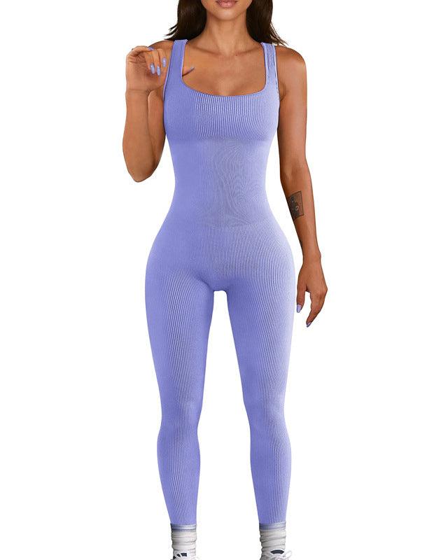 Seamless Ribbed Tank Padded Snatched Jumpsuit - Wishe