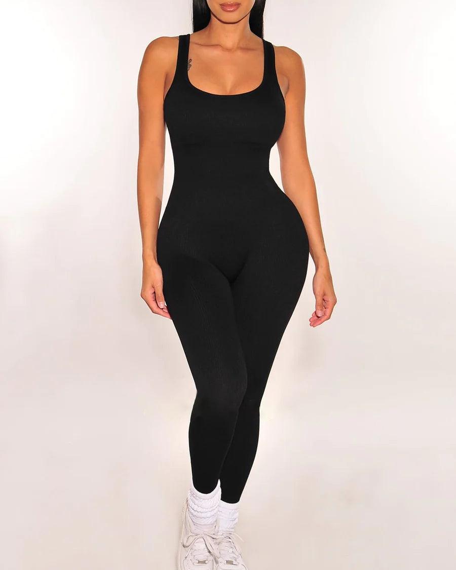Seamless Ribbed Tank Padded Snatched Jumpsuit - Wishe