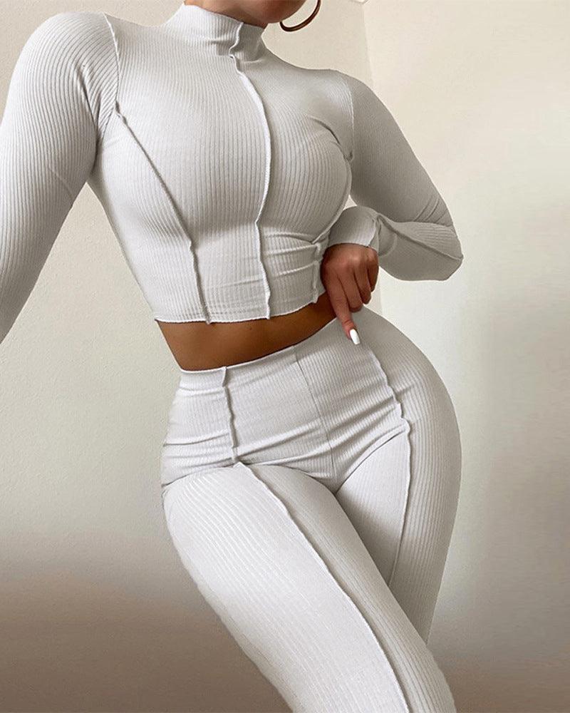 Workout Sets for Women 2 Piece Outfit Seamless Long Sleeve Crop Tops Ribbed High Waist Leggings Yoga Set Tracksuit - Wishe