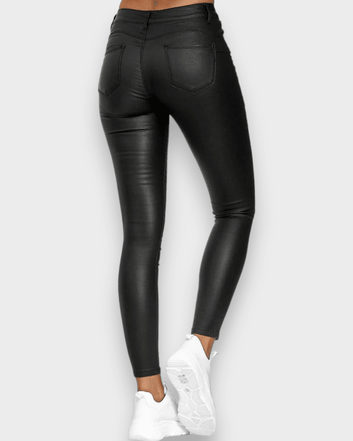 High Waist Solid Color Leather Casual Skinny Pants - Wishe