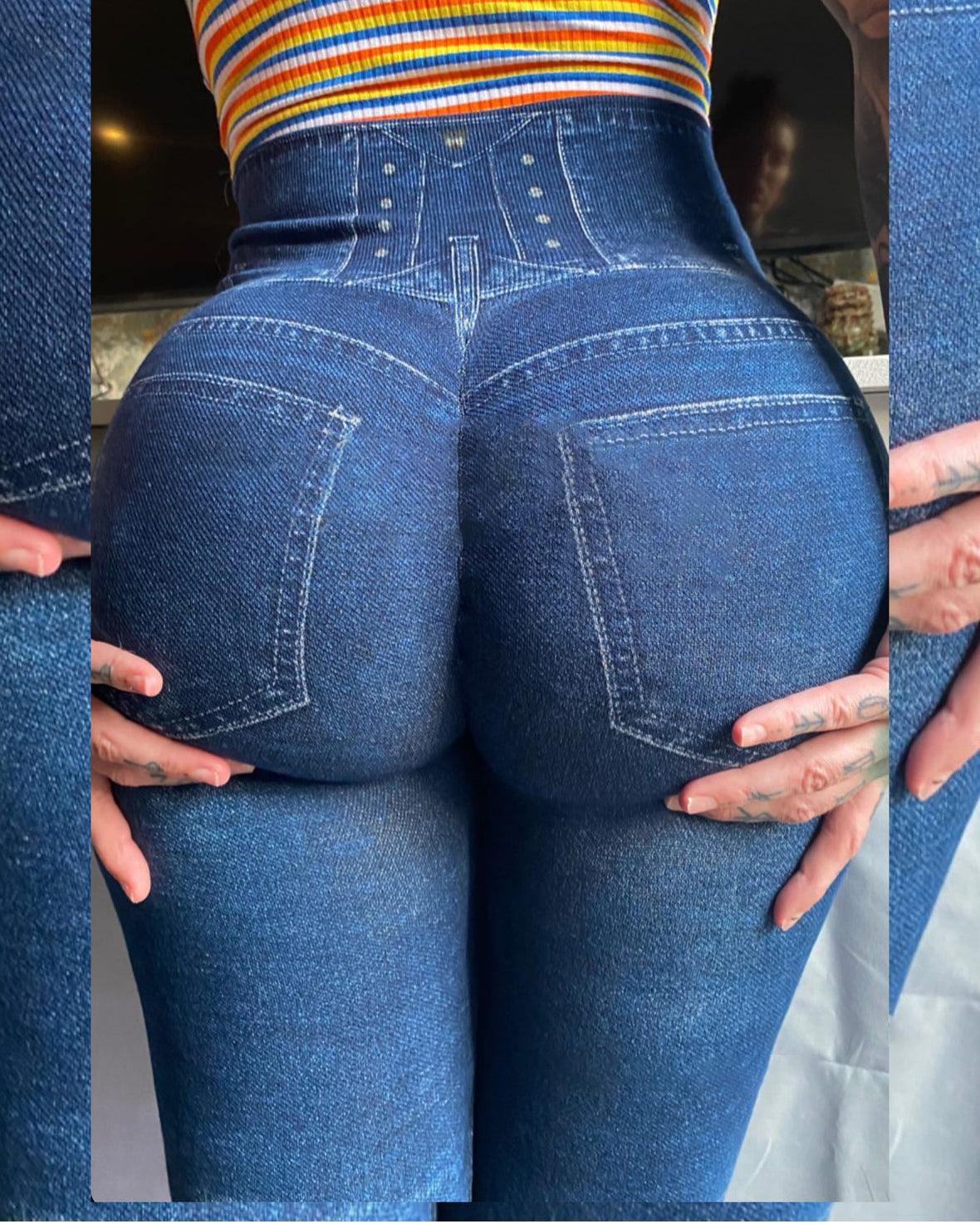 Blue "bella" Seamless Denim Scrunch Leggings Jeggings - Wishe