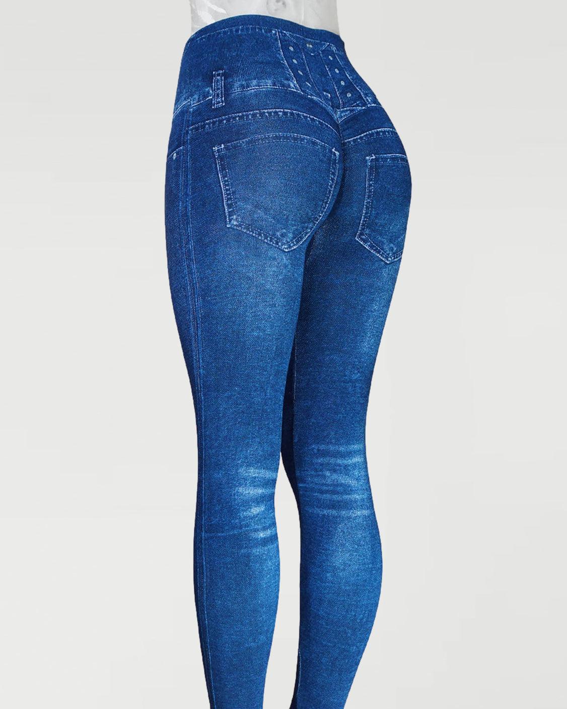 Blue "bella" Seamless Denim Scrunch Leggings Jeggings - Wishe