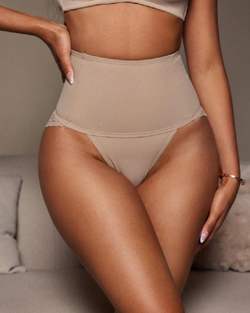 Tanga moldeadora de cintura alta, sexy, de encaje, lisa, ajustada, con control de abdomen