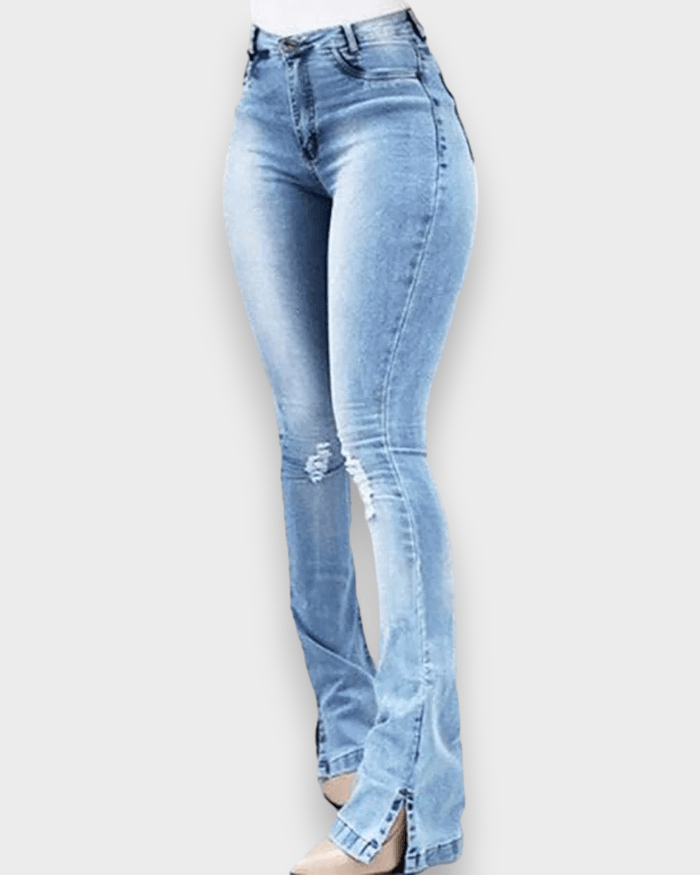 Elastic Slit Flared High Waist Jeans Women's Trousers - Wishe