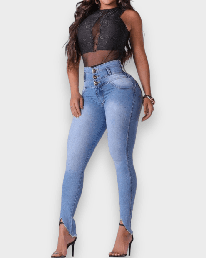 High Waist Slit Penny Skinny Jeans - Wishe