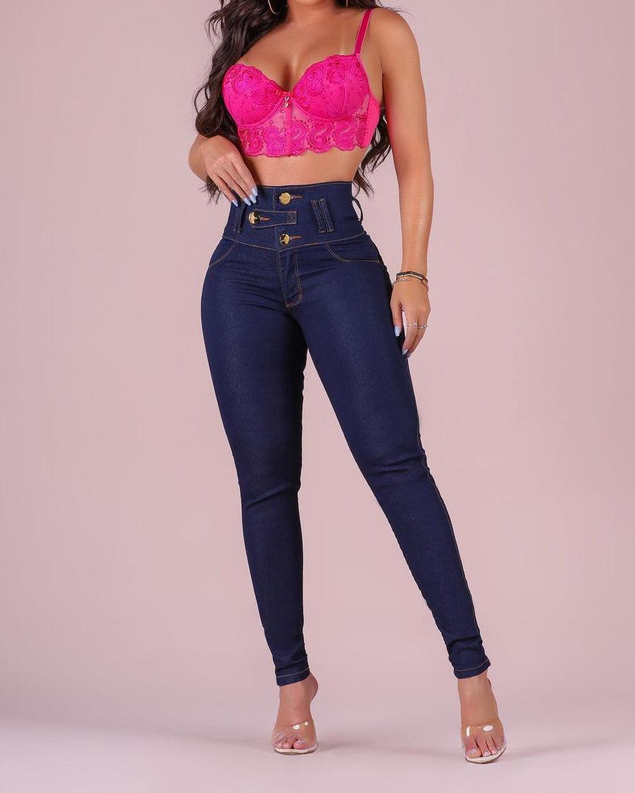 High Waist Three Buttons Skinny Jeans - Wishe