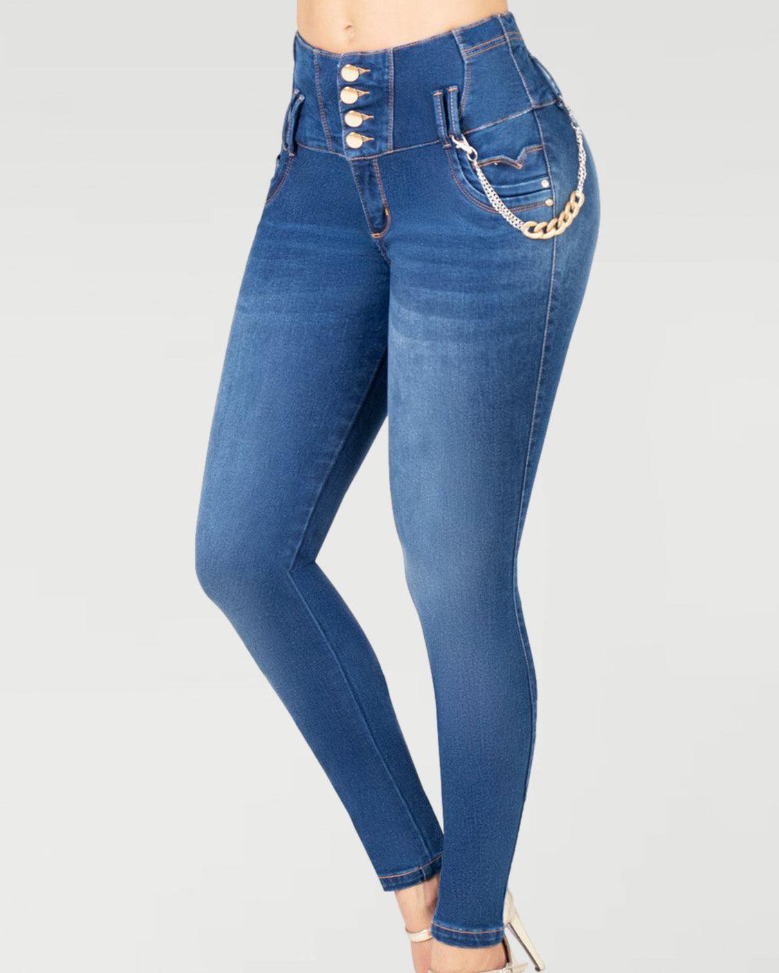 Jeans Con Faja Interna Levanta Cola Azul - Wishe