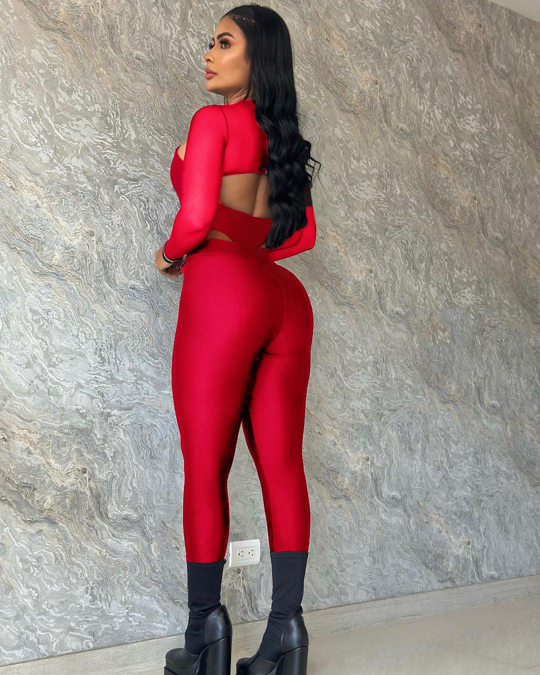 Cut Out Cross Chest Long Sleeve Jumpsuit - Wishe