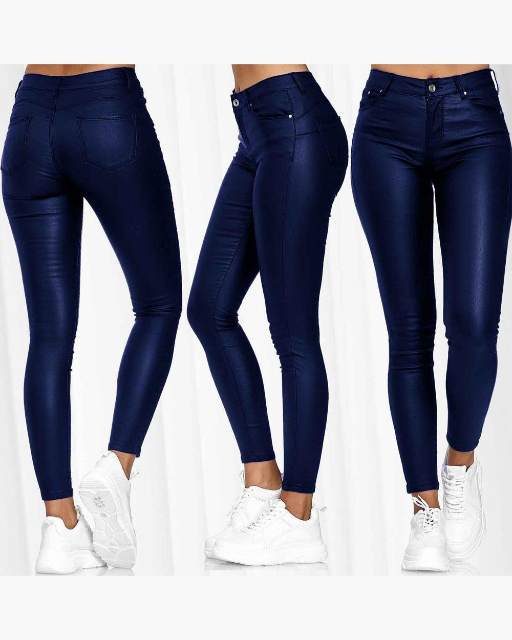 High Waist Solid Color Leather Casual Skinny Pants - Wishe