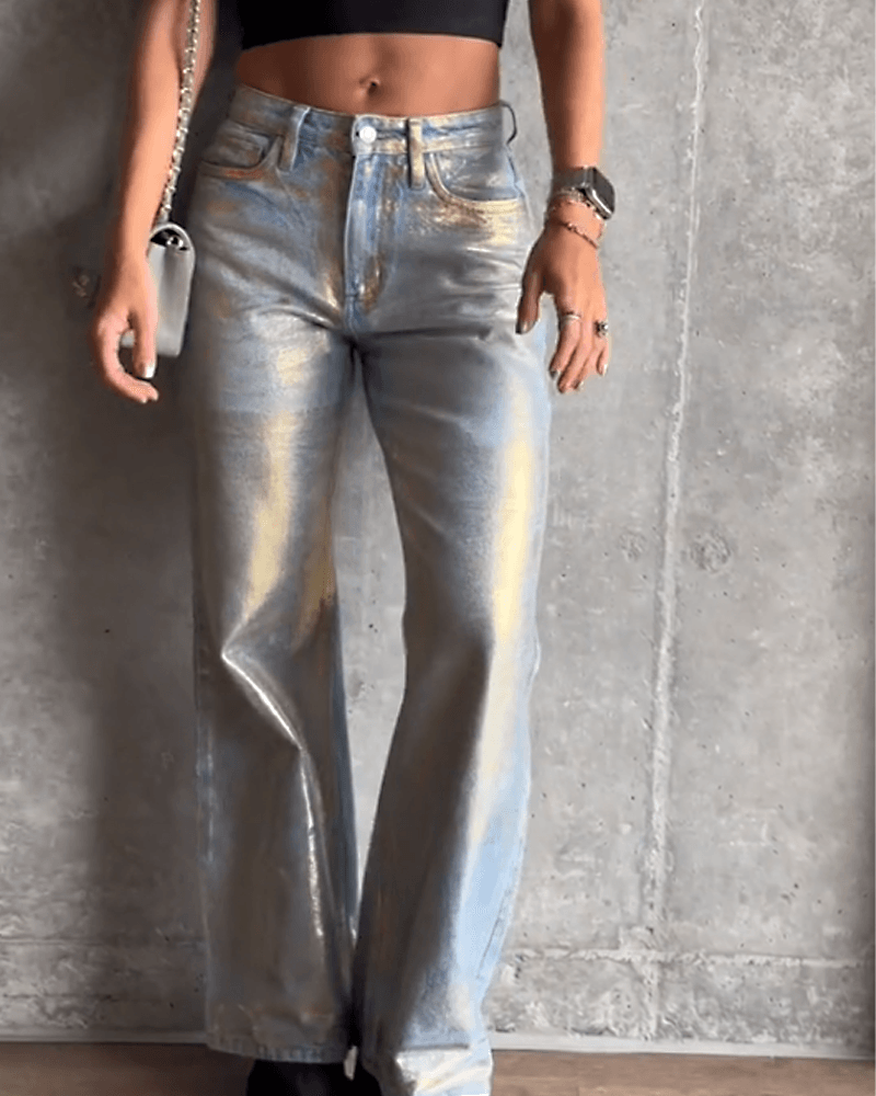 Brush Silver Metal Baggy Jeans - Wishe