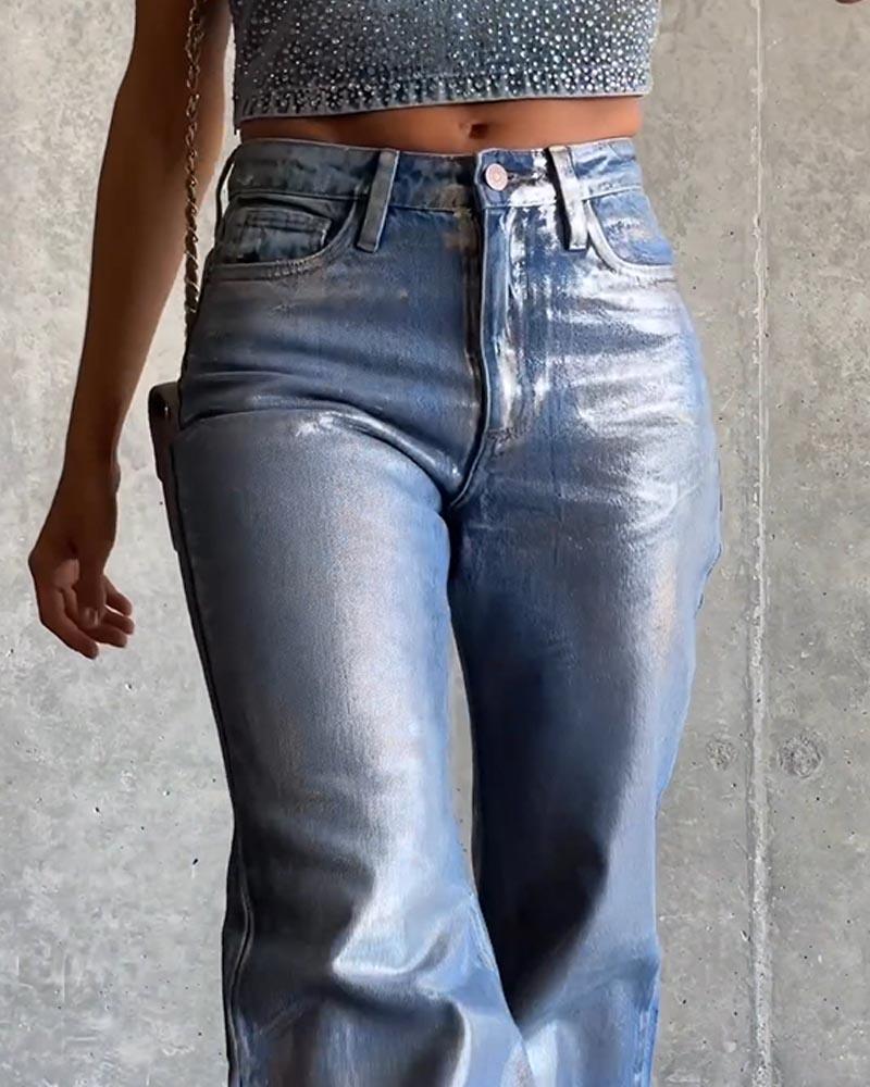 Brush Silver Metal Baggy Jeans - Wishe