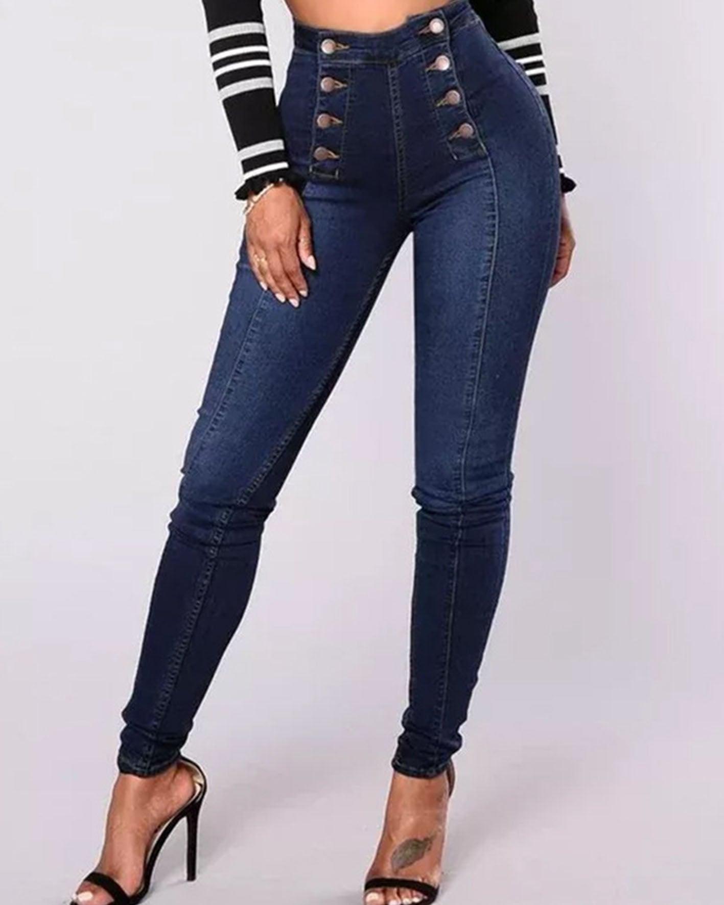 High-Waisted Casual Two-Row Stretch Jeans With Multiple Buttons - Wishe