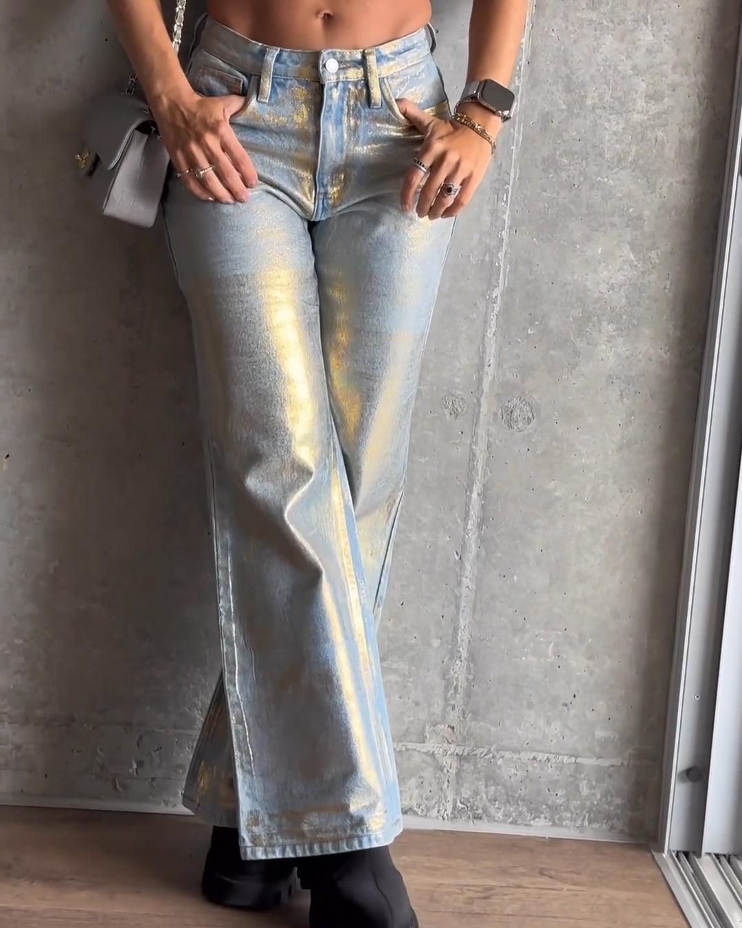 Gold Shiny Metallic Effect Jeans - Wishe
