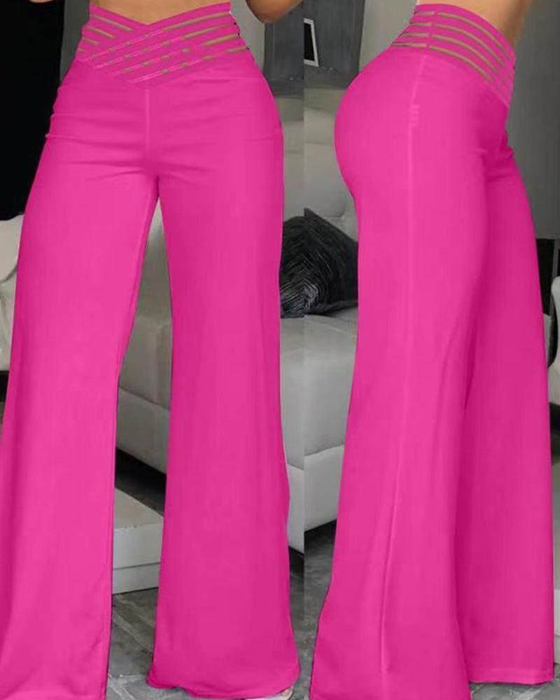 Cut-Out Belt High-Waisted Casual Wide-Leg Pants - Wishe
