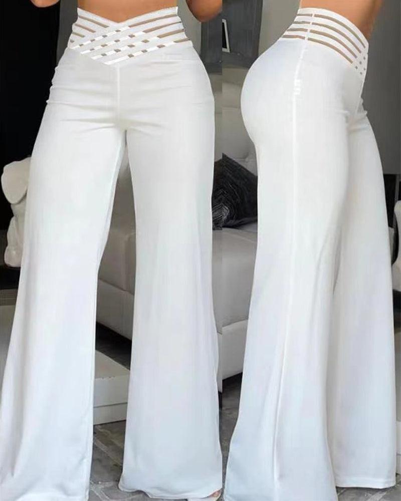 Cut-Out Belt High-Waisted Casual Wide-Leg Pants - Wishe