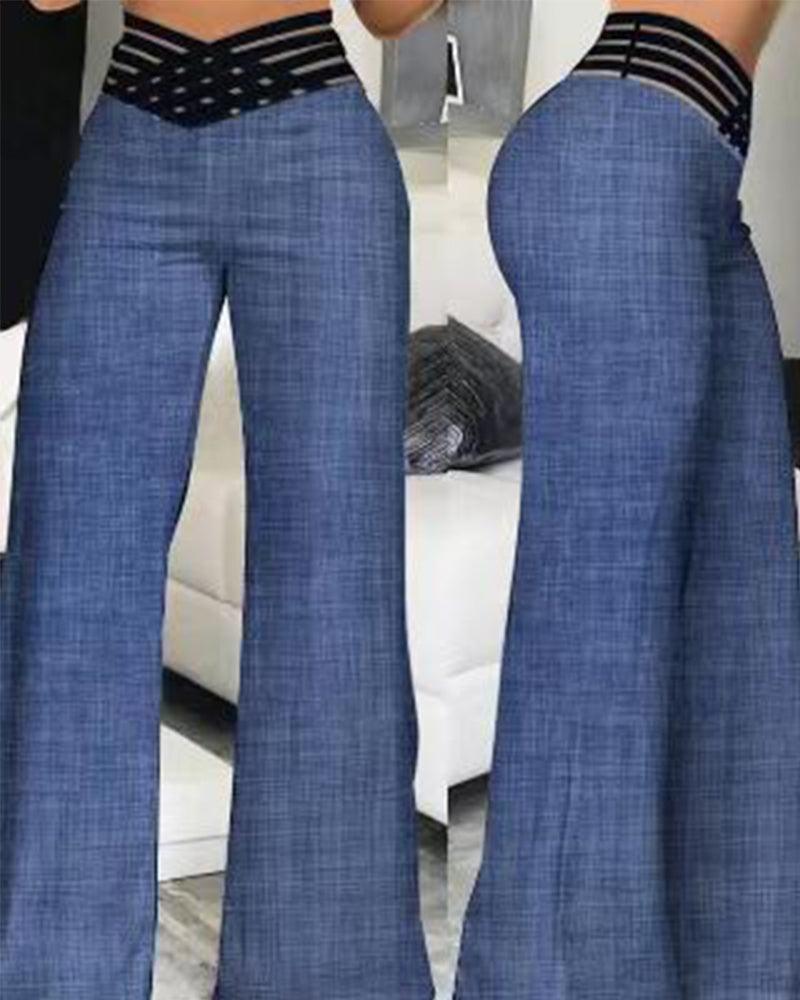 Cut-Out Belt High-Waisted Casual Wide-Leg Pants - Wishe
