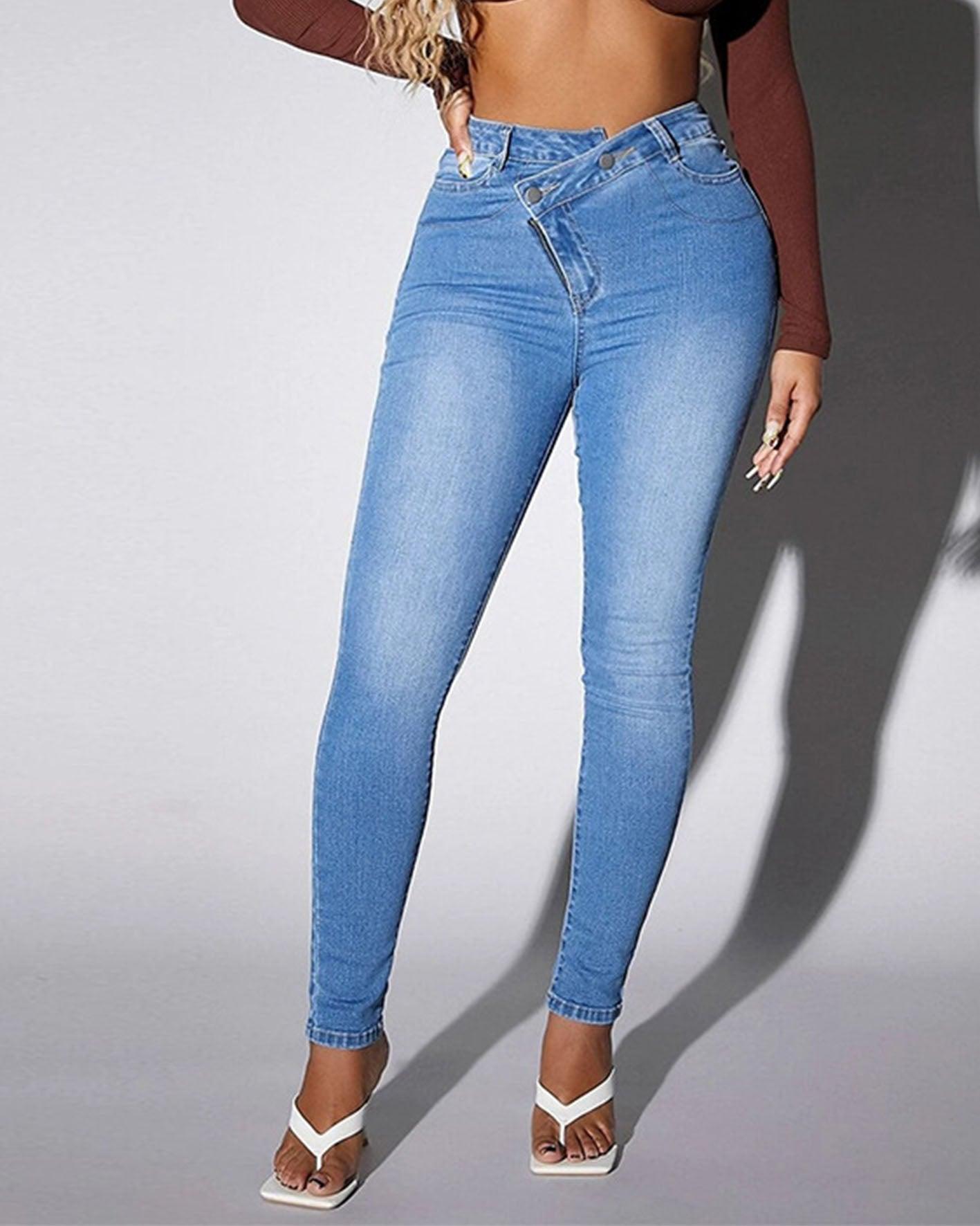 Women's Asymmetrical Wash Skinny Jeans - Wishe