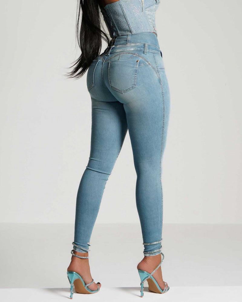 High-Waisted, Back-Zip Skinny Jeans (Pre-Sale) - Wishe