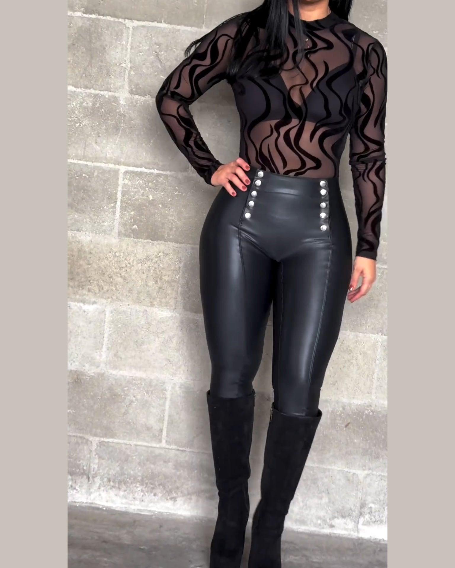 Double Side Button Leather Leggings - Wishe