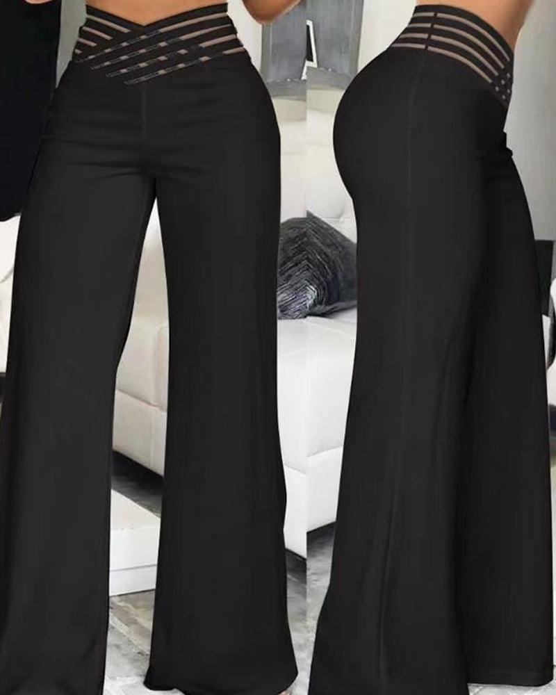 Cut-Out Belt High-Waisted Casual Wide-Leg Pants - Wishe