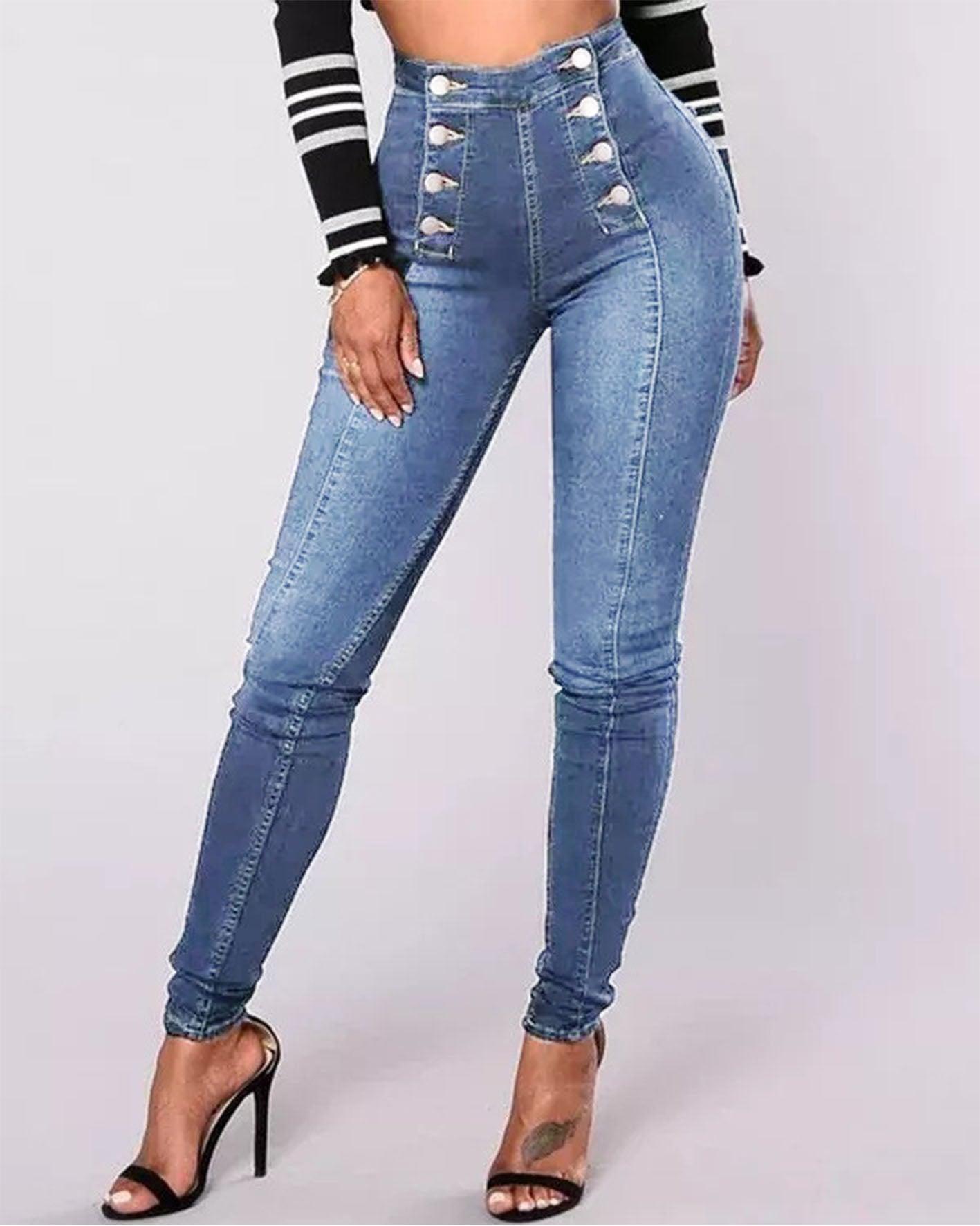 High-Waisted Casual Two-Row Stretch Jeans With Multiple Buttons - Wishe