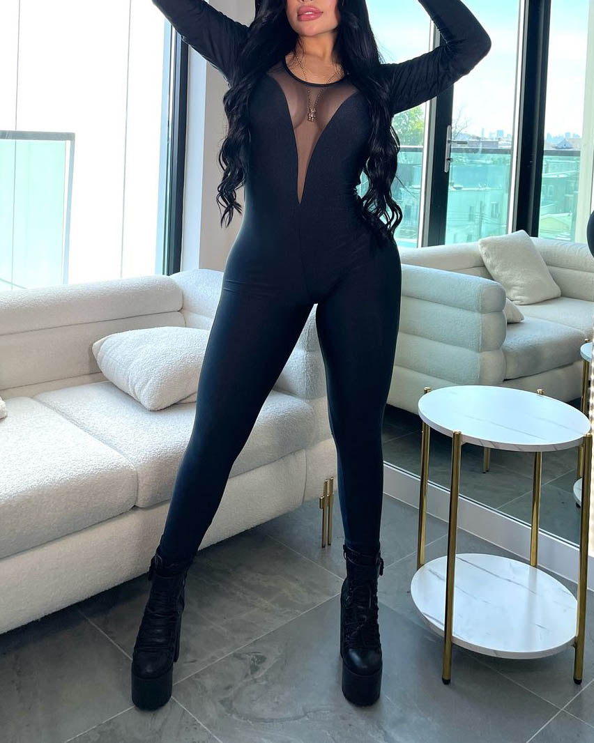 Bakc Open Skinny Long Sleeves Jumpsuit