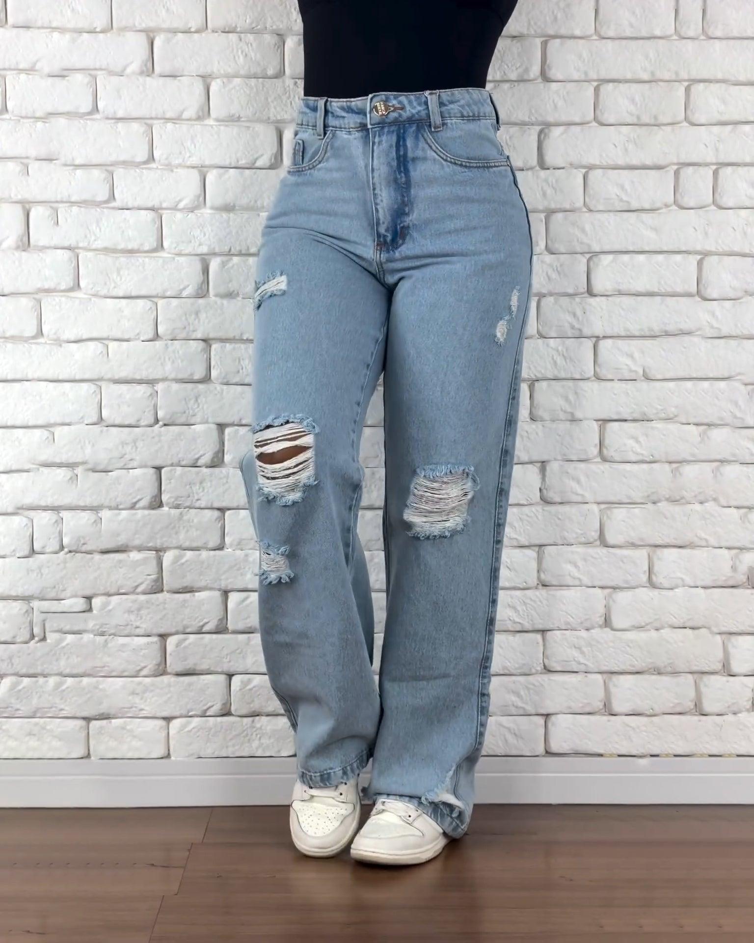 High Waist Rippped Straigt Leg Wide Jeans