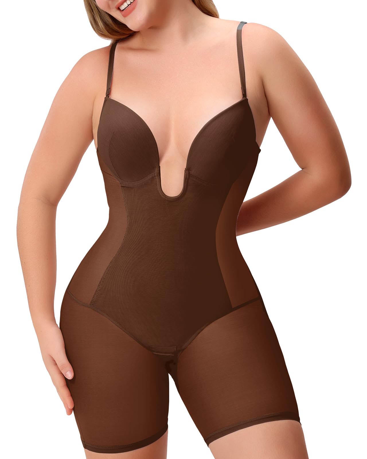 Body Shaper for Women Tummy Control U Plunge Backless Full Body Shapewear Mid Thigh Mesh strapless Bodysuit Top