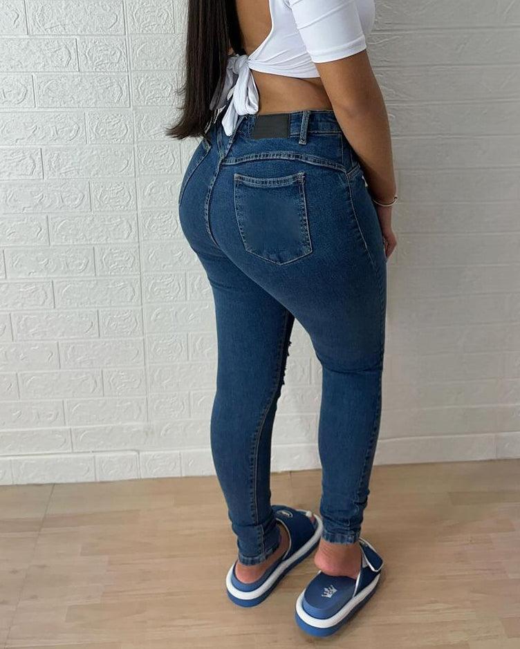 High Waist Skinny Ripped Peach Butt Jeans