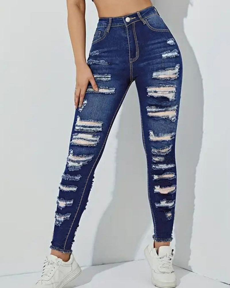 Ripped raw edge high elastic skinny jeans