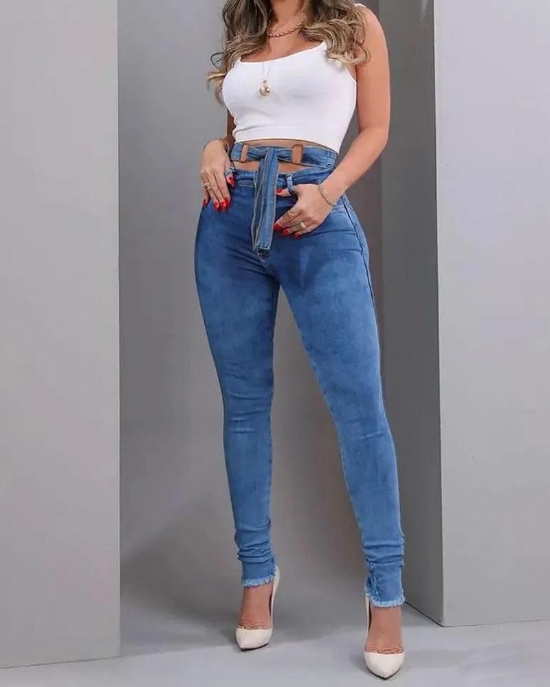 High Waist Lace Up Skinny Jeans - Wishe