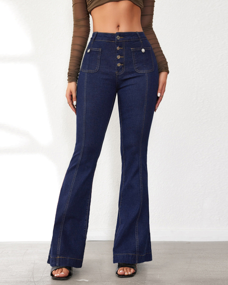 Buttoned-Breasted Slim-Fit Bootcut Jeans For Women High-Waisted Patchwork Trousers