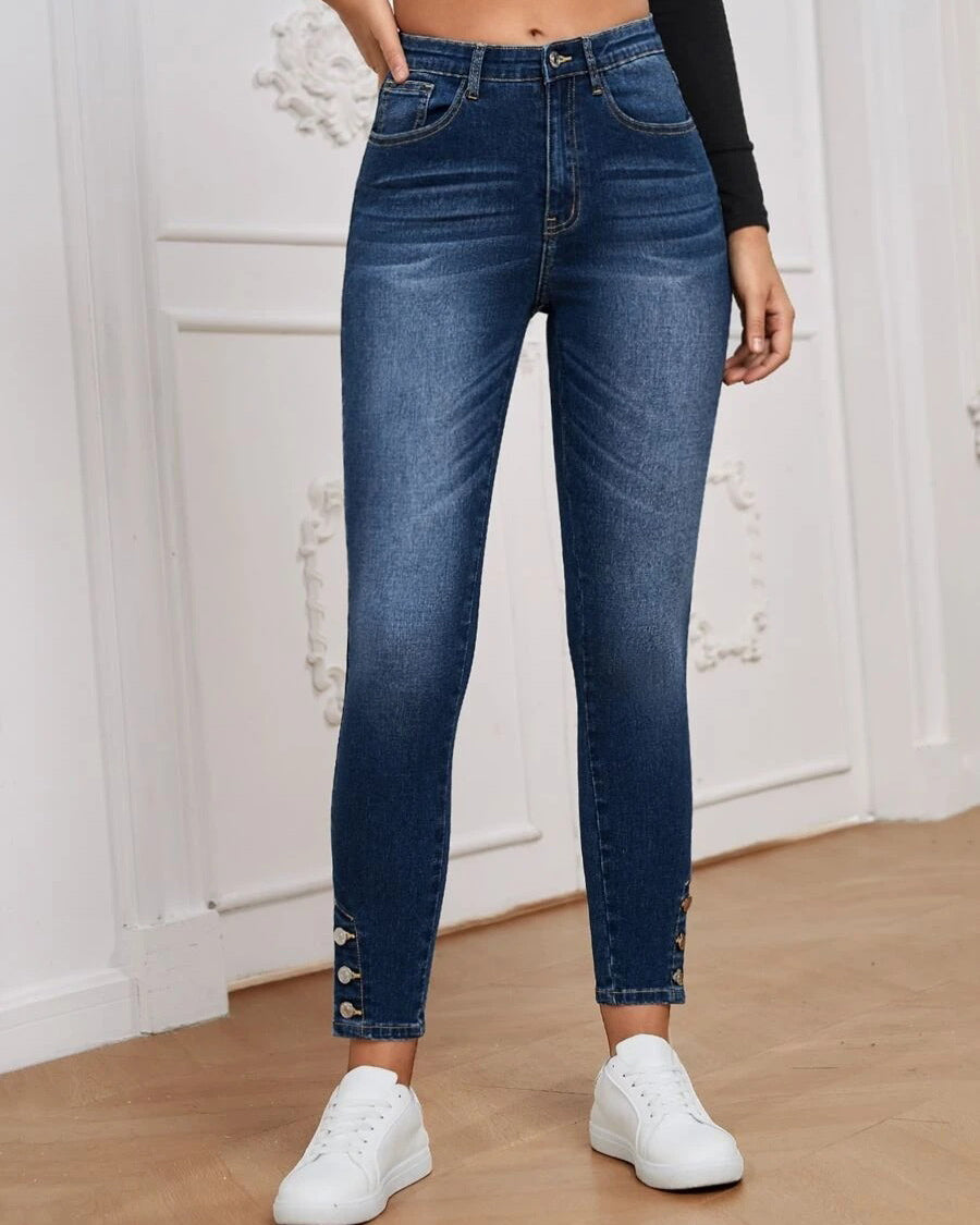 High Stretch Buttoned Skinny Denim Trousers