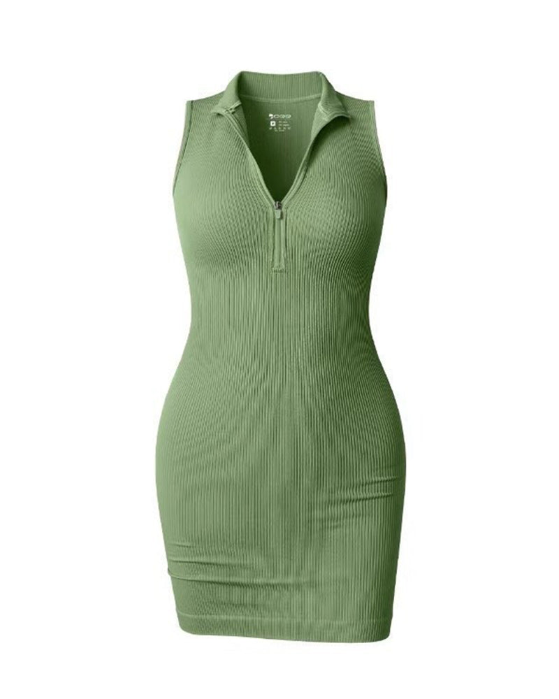 Ribbed Zipfront Sleeveless Bodycon Mini Dress