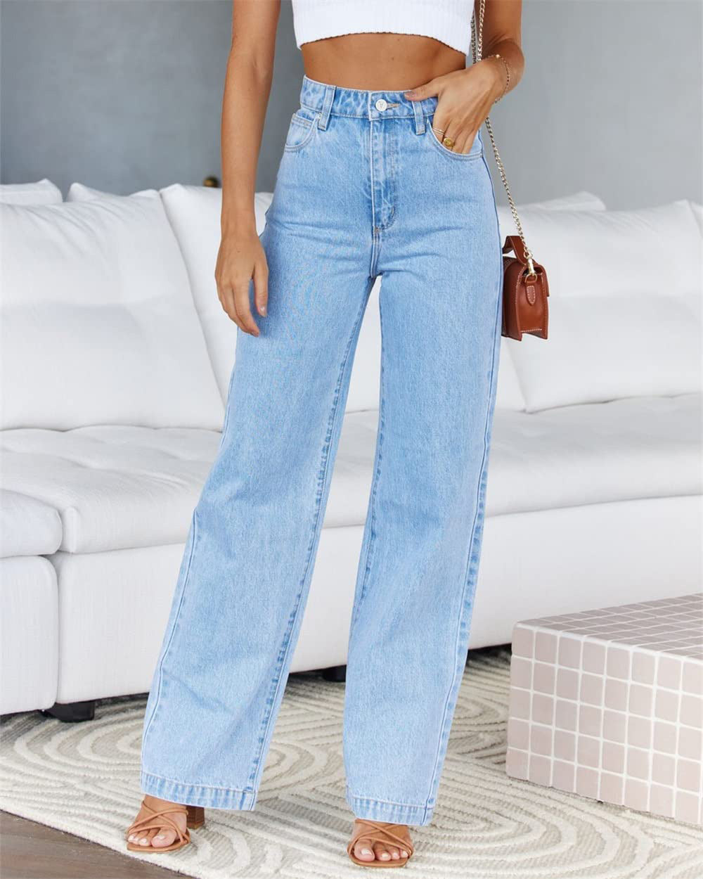 High Waist Light Blue Straight Wide Leg Wash Jeans