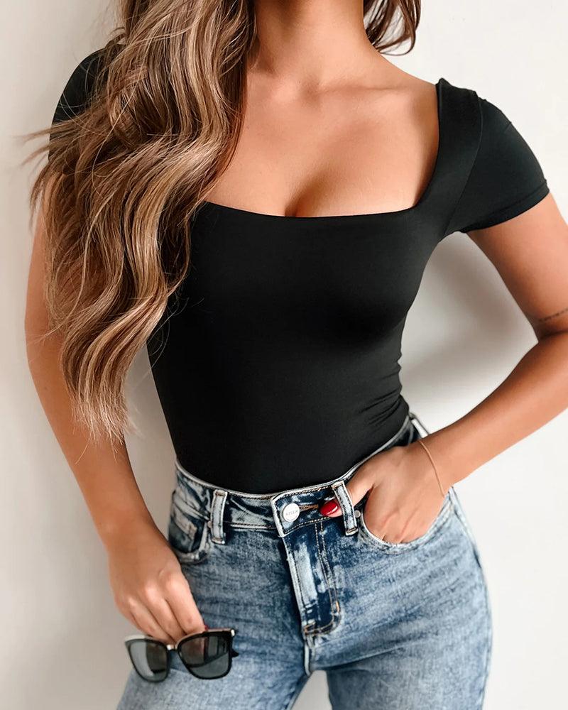 Simply Styled Short Sleeve Square Neck Bodysuit - Wishe