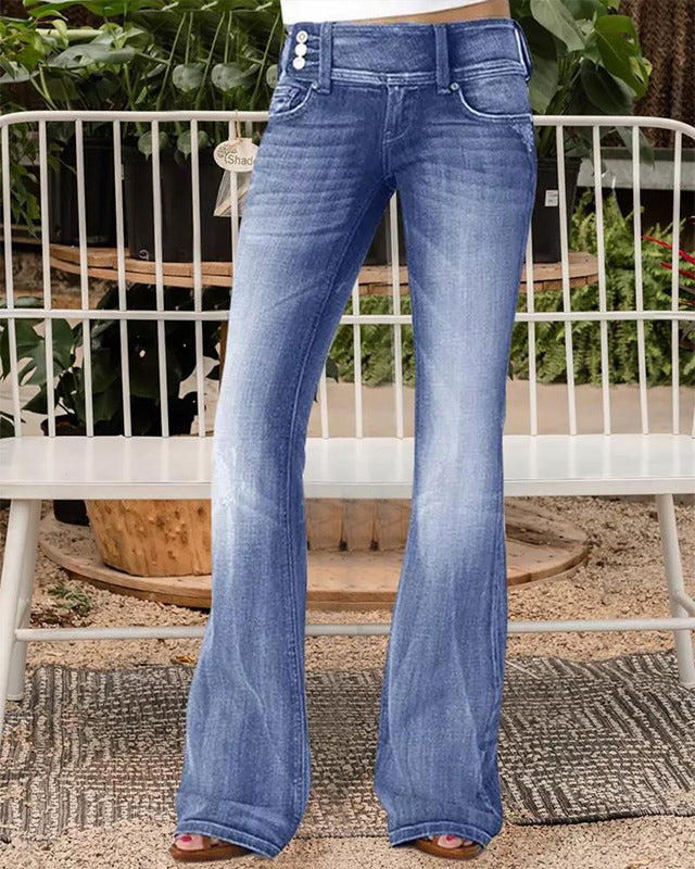 Vintage Side Button Mid-Rise Bootcut Jeans