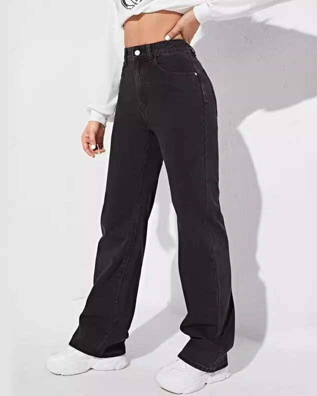 High Waist Wide Leg Wash Black Jeans