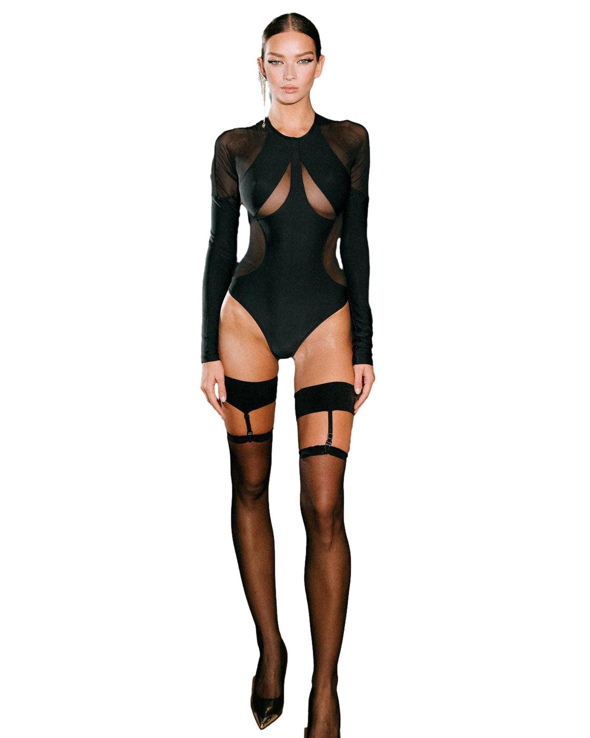 Black Mesh Curve Bodysuit - Wishe