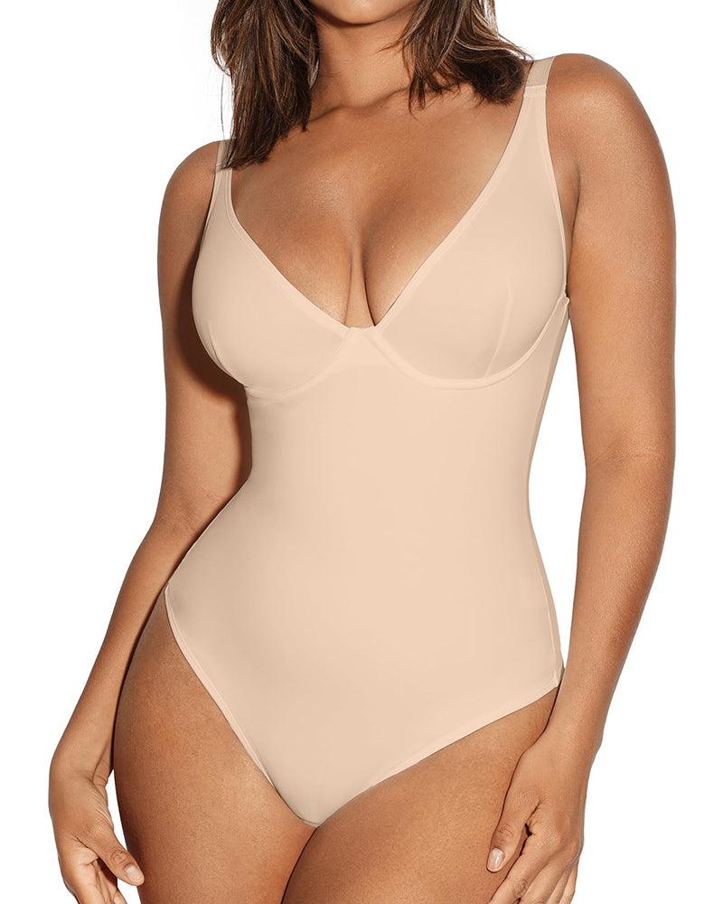 Tummy Control Slim Body Shaper Deep V Neck Thong Body Suits - Wishe