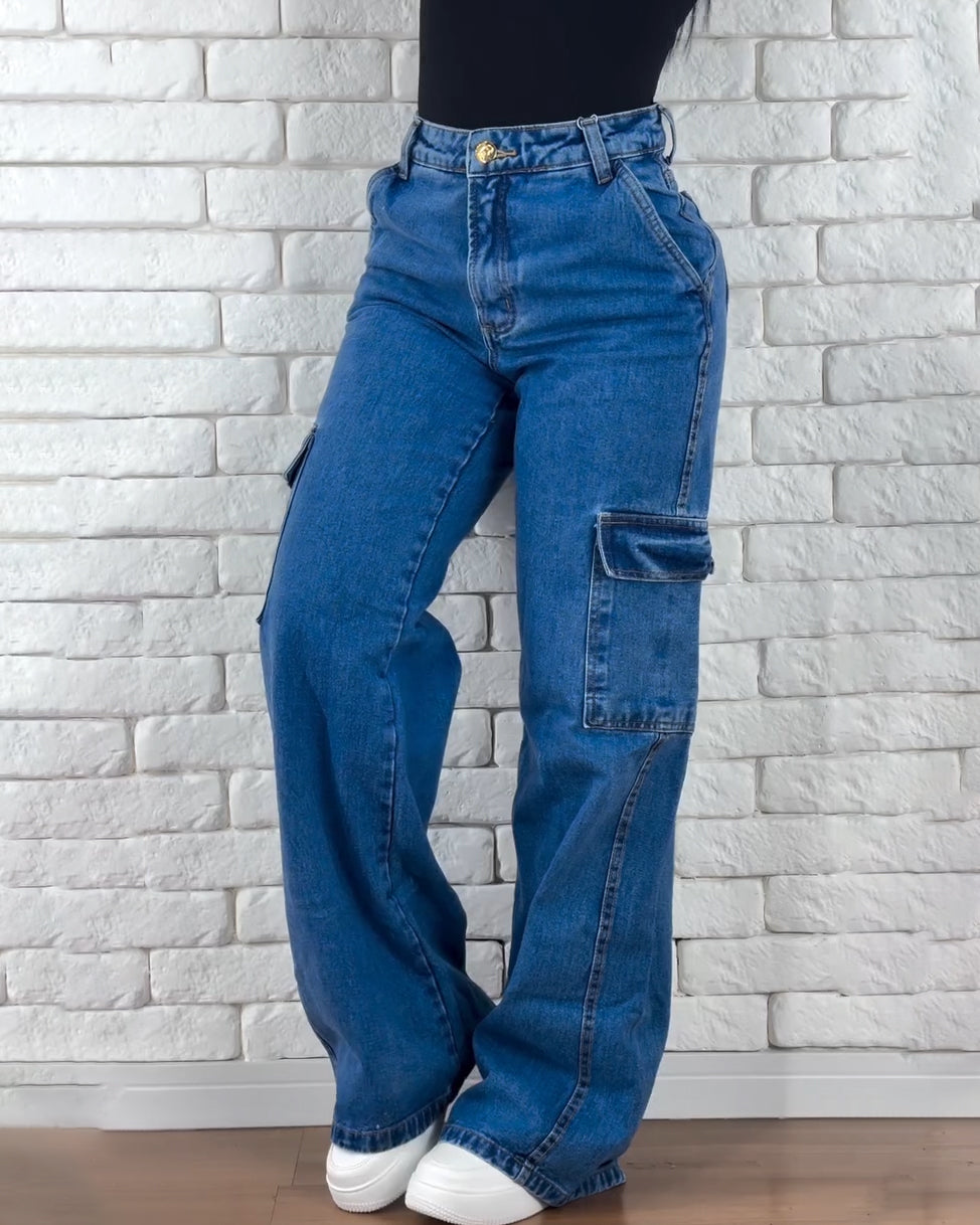 Calca High Waist Cargo Jeans