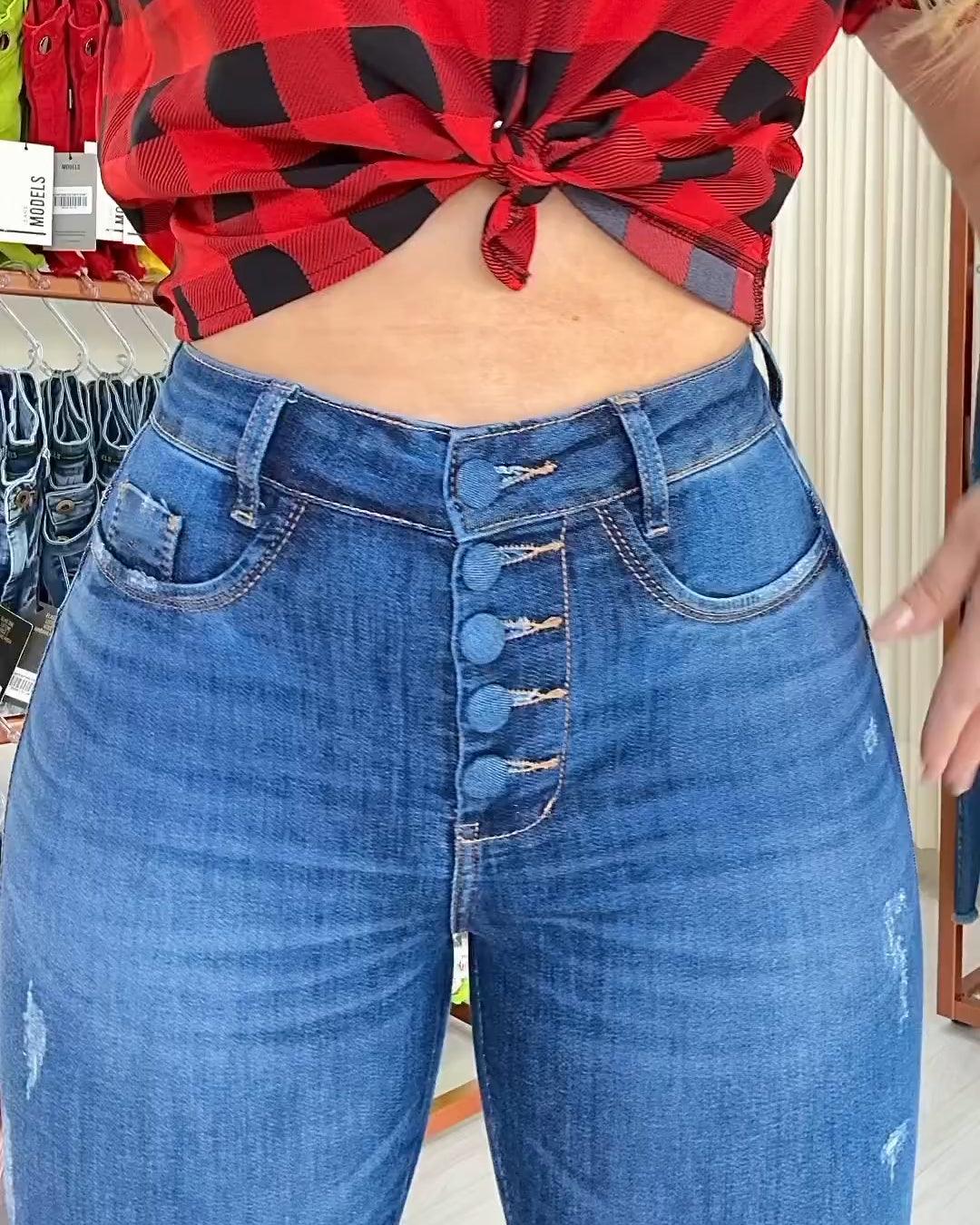 High Waist Multi-buttons Skinny Booty Jeans