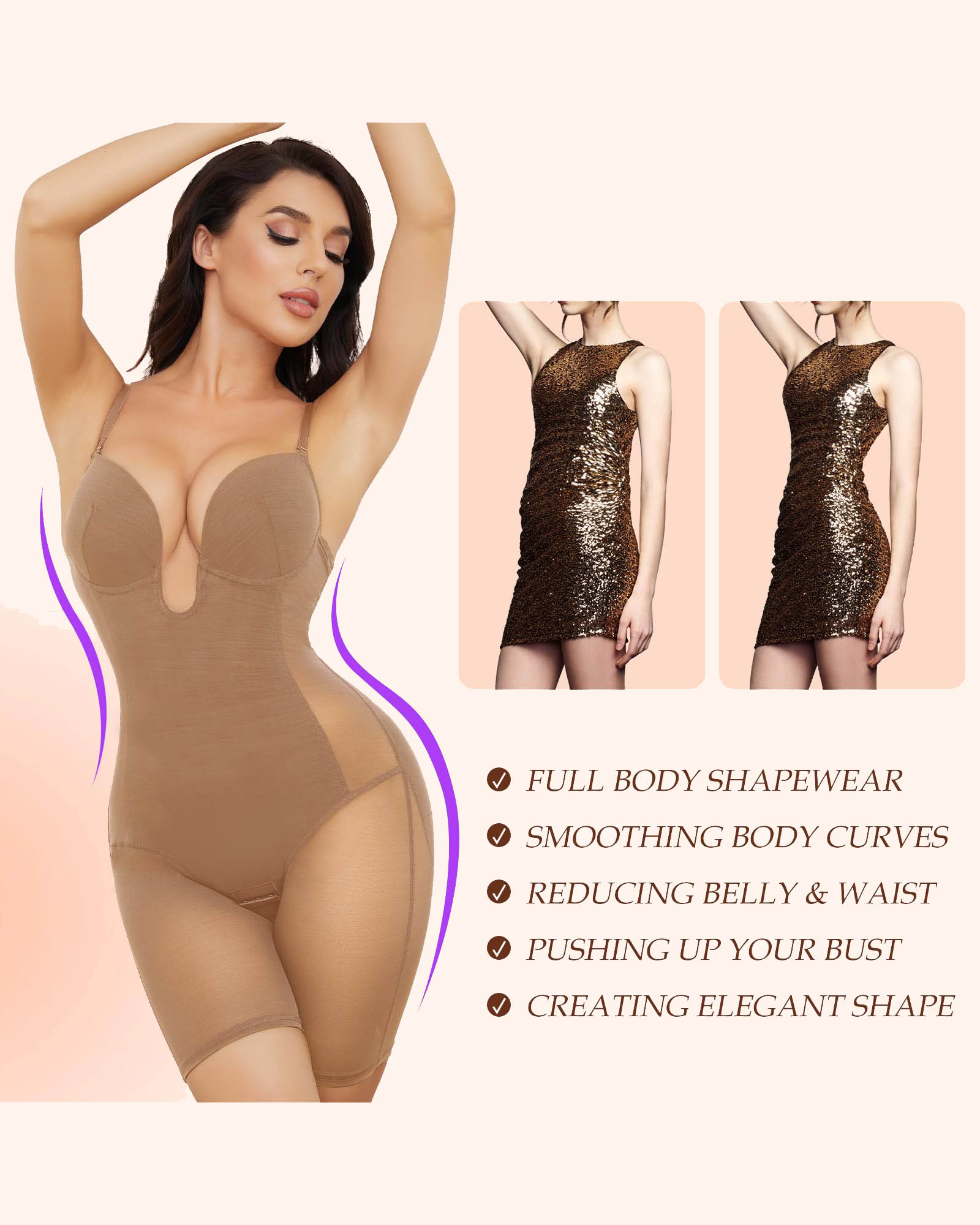 Body Shaper for Women Tummy Control U Plunge Backless Full Body Shapewear Mid Thigh Mesh strapless Bodysuit Top