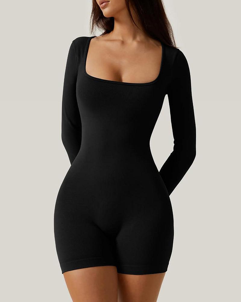 Square Neck Long Sleeve Shorts Jumpsuit - Wishe