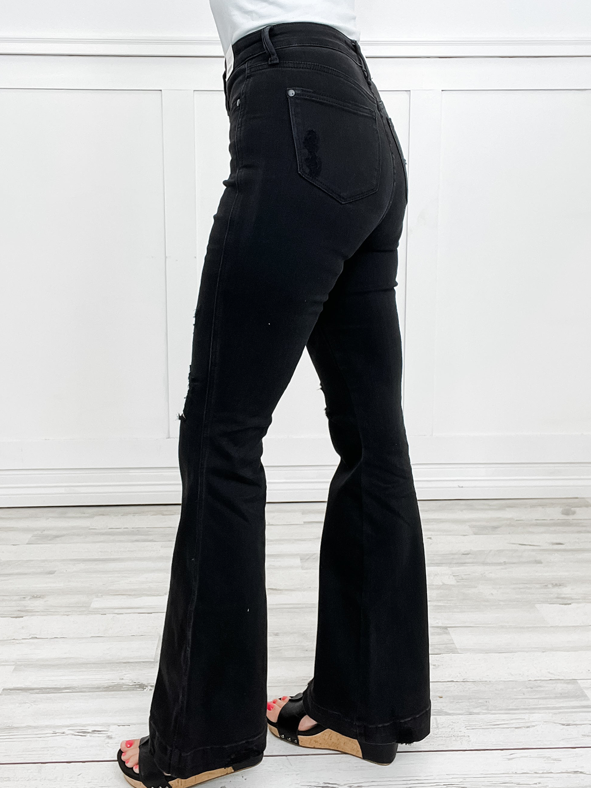 Hi-Rise Tummy Control Black Distressed Flare Jeans