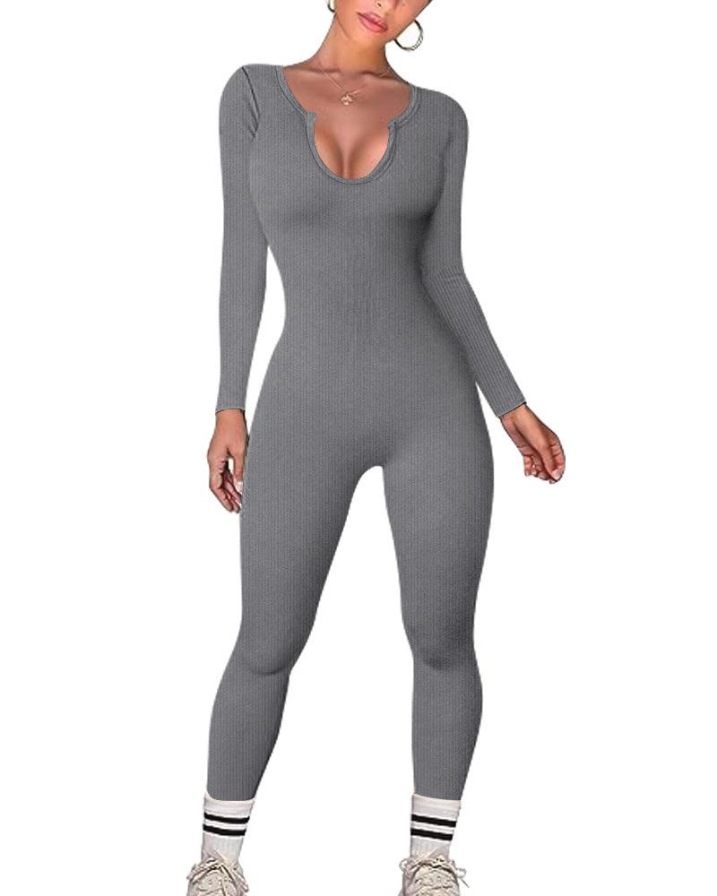 U-neck Ribbed Jumpsuit - Wishe