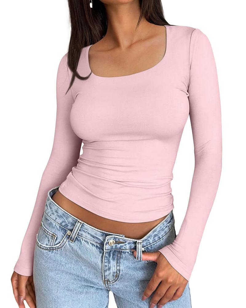 Two-color Double-layer Square Collar Slim Long-sleeved T-shirt - Wishe