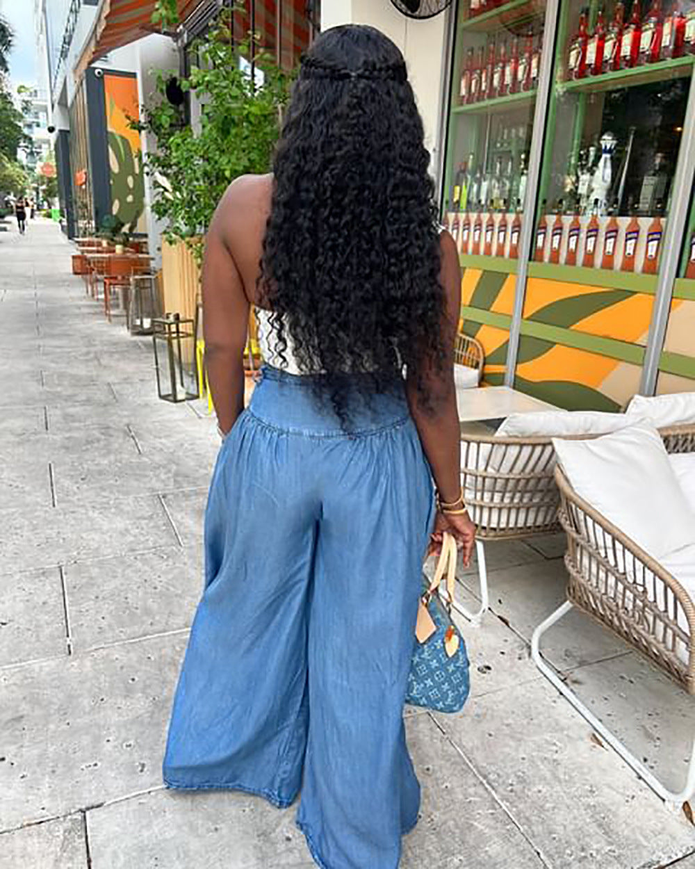 Chic Denim Ruched Wide Leg Pants