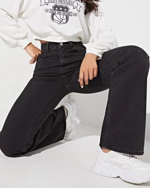 High Waist Wide Leg Wash Black Jeans