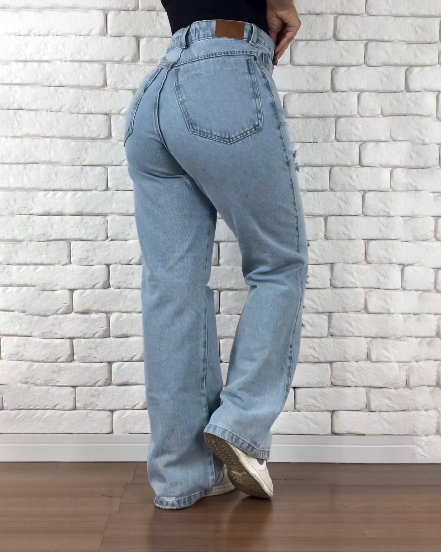 High Waist Rippped Straigt Leg Wide Jeans